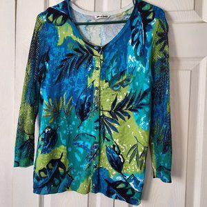 Stunning Blue & Green Beaded Cardigan Sweater Medium